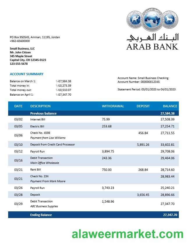 Oman Arab Bank company checking account statement Word and PDF template